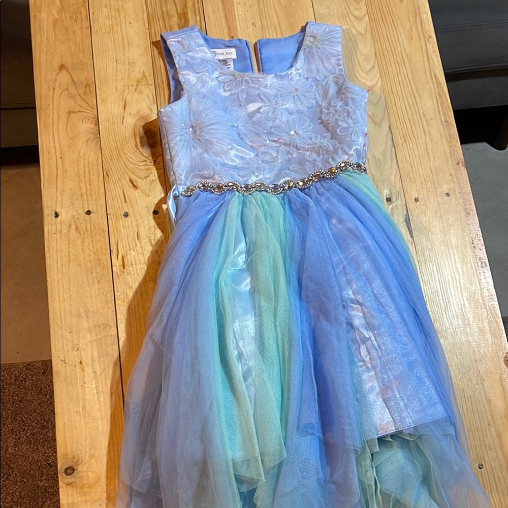 Blue and Green Sleeveless Dress with Floral Details